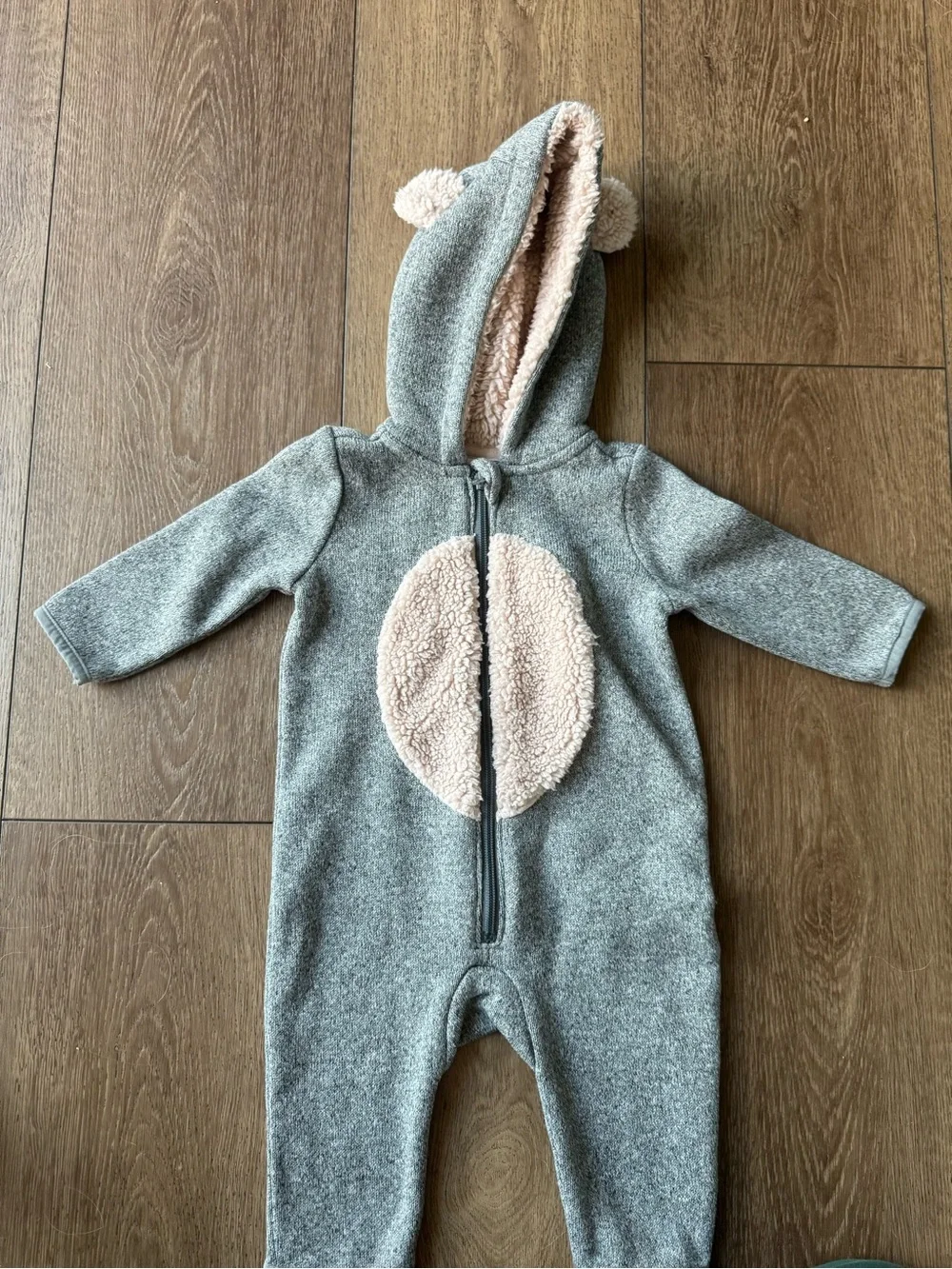 Cozy Bear Hooded Baby One-Piece in Heather Gray with Sherpa Detail